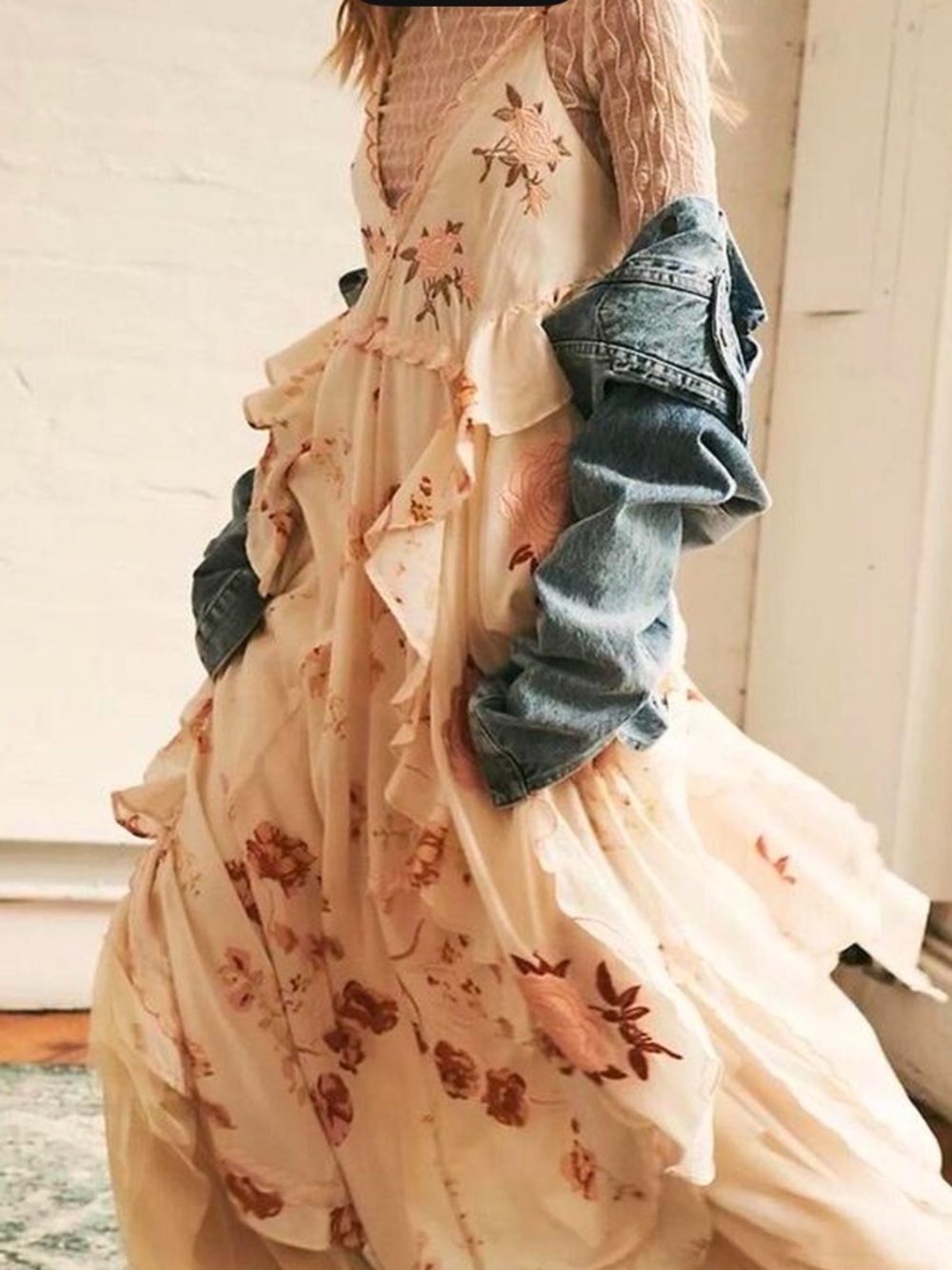 Free People Cream Maxi Dress with Pink Floral Ruffle Detail